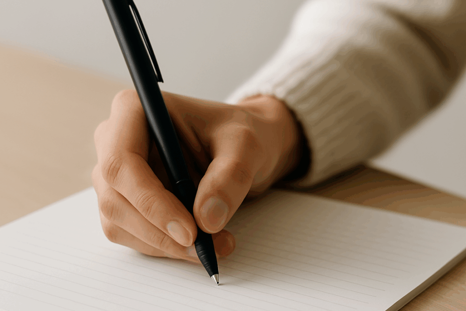 Hand schreibt mit Stift auf Papier – Sinnbild für Haltung beim Schreiben.