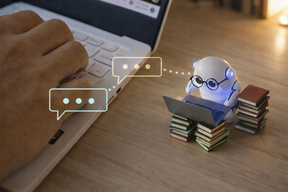 Kleiner Roboter mit Brille arbeitet an einem Laptop auf Bücherstapeln, während daneben eine Person auf einer Tastatur tippt – Symbol für Zusammenarbeit zwischen Mensch und KI.